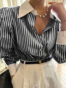 Camisa con botones con estampado de rayas, Top de manga larga - Negro - Ver 6