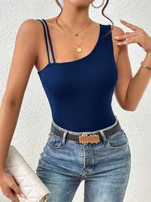Top unicolor de cuello asimétrico tejido de canalé - Azul marino - Ver 4