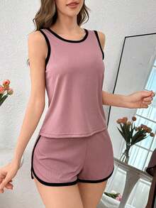 Set de 2 piezas de pijama informal de mujer con top de tirantes y pantalones cortos con ribete de contraste, conjunto de ropa de estar por casa para la temporada de vacaciones - Rosa vieja - Ver 4