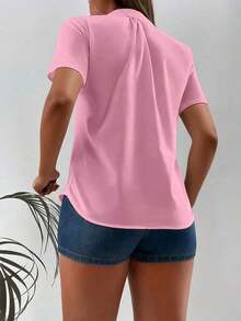 Camisa casual de oficina de unicolor de manga corta y abotonadura sencilla para mujer - Rosa - Ver 2