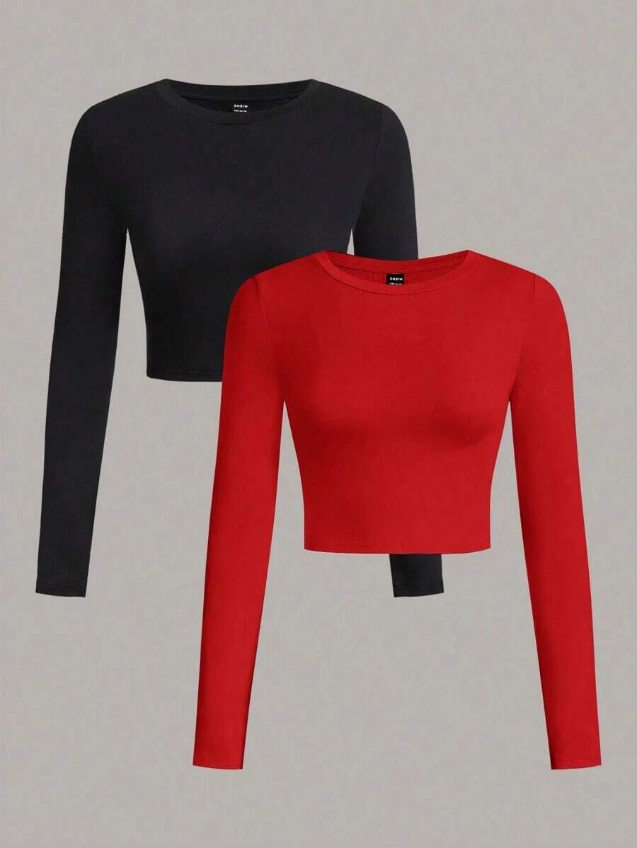 Set de 2 camisetas ajustadas de mujer de cuello redondo, de manga larga y unicolor, aptas para primavera y otoño - Multicolor 4 - Ver 1