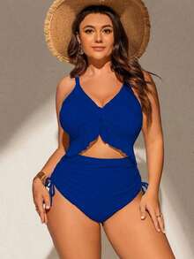 Traje de baño de una pieza para mujer de talla grande, de tela especial, escote en V profundo, tirantes ajustables, almohadillas extraíbles, volantes en el bajo, cintura con cordón, elegante y sexy, traje de baño casual para resort y playa - Azul - Ver 5
