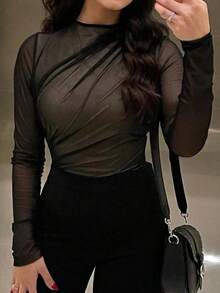 Body de manga larga liso y sencillo para mujer, para uso diario - Negro - Ver 1