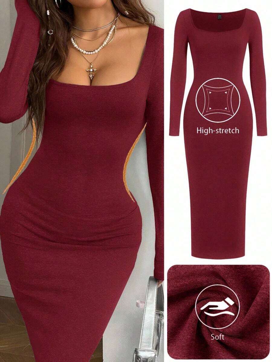 Vestido ajustado de manga larga con cuello cuadrado, de punto básico gris para mujer, para primavera/verano - Burdeos - Ver 1