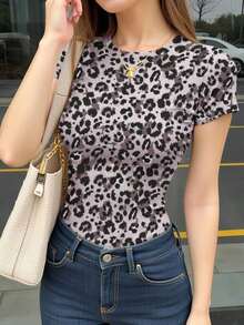 Camiseta casual de manga corta y cuello redondo ajustada para mujer, color café - Multicolor 3 - Ver 7