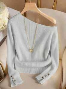 Camiseta de mujer de un solo hombro, con decoración metálica, puños divididos y de unicolor acanalado, con un diseño elegante y versátil, perfecta para el verano, top elegante de mujer, top casual de mujer, ropa de playa, vacaciones de verano, ro - Gris - Ver 5