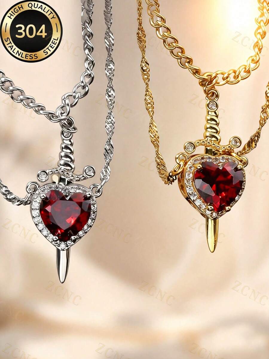 Colar de casal guerreiro com design de coração e espada, aço inoxidável de alta qualidade com strass, à prova d'água e resistente ao desbotamento, ideal para casais, Dia dos Namorados, presentes de Natal e uso diário.