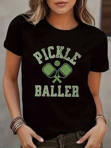 Women's Short Sleeve T-Shirt, 1 Piece, Casual Short Sleeve T-Shirt For Women - Pickle Baller Design Print, Sporty Style, Black And Green, Machine Washable, Round Neck, Semi-Sheer Material For Spring And Summer, Summer T-Shirts For Women, Graphic T-Shirts For Women, Beachwear For Women. - 黑色 - 查看 5