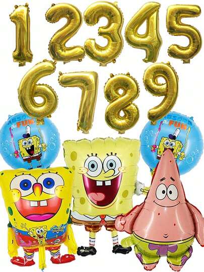 SpongeBob SquarePants 方裤气球套装，包含2个金色数字气球和6个铝箔气球，适合装饰2岁生日派对，也是Bichi汉堡主题派对、庆祝活动和拍照道具的完美之选。