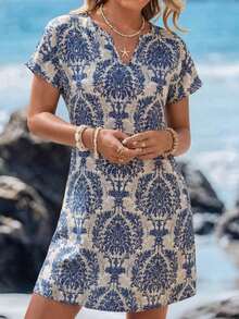 Vestido casual de mujer con estampado floral, cuello en V y manga corta para vacaciones - Azul marino 2 - Ver 3