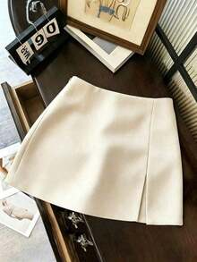 Falda de unicolor elegante, adecuada para negocios, viajes, estilo vintage romántico, casual de calle, citas, cenas, vacaciones y reuniones.Diseño con abertura lateral a la moda y sexy para primavera y verano - Albaricoque - Ver 1