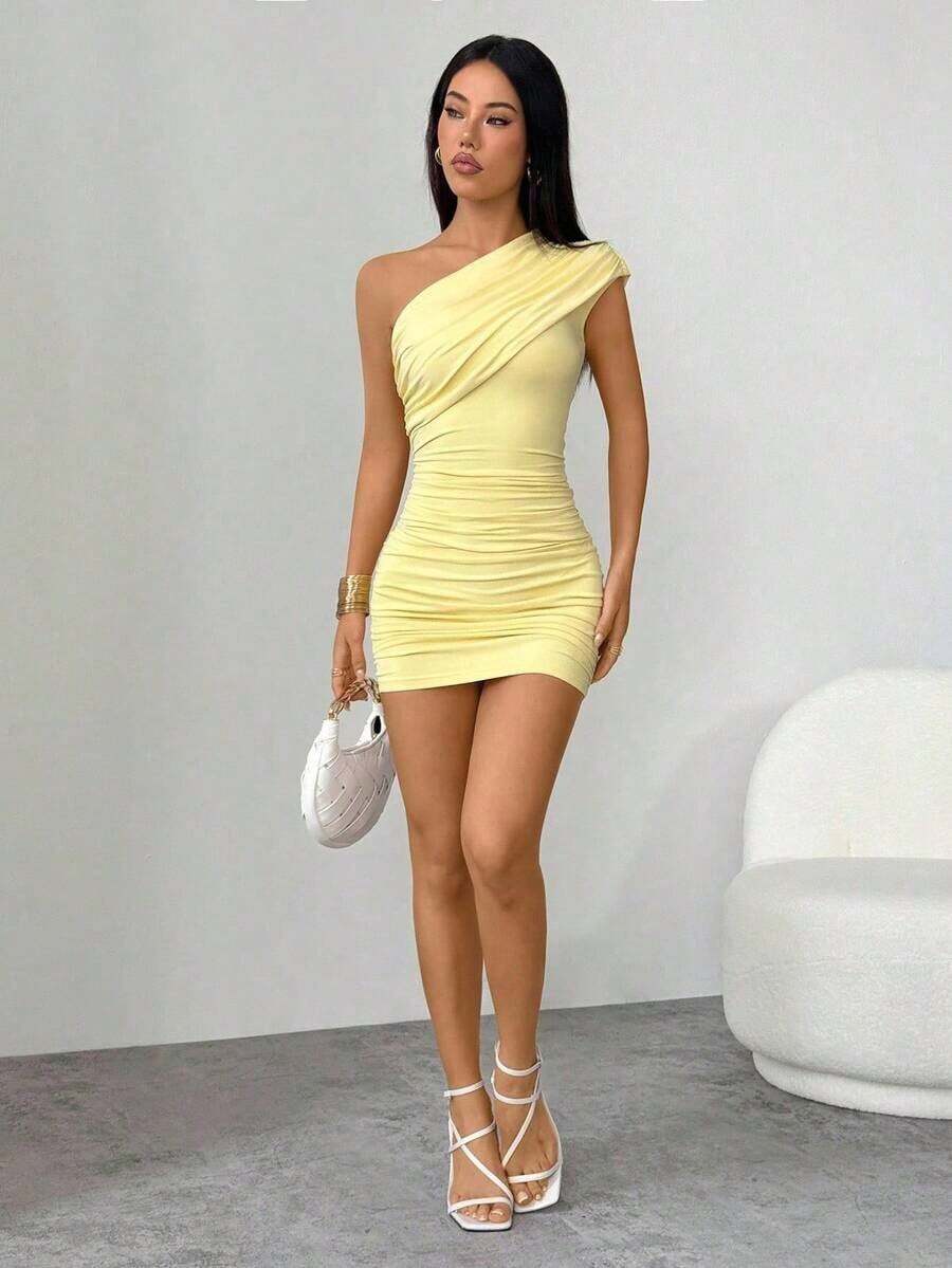 mini ajustado con pliegues de unicolor para mujer, atuendos de verano y club, sexy - Amarillo - Ver 1