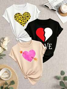 Women's Fashion T-Shirt Set. Single Garment, Not A 3-Piece Set. 1 Piece/Set Of Long-Sleeved T-Shirts Suitable For Streetwear. Oversized Round Neck Top For Daily Outings, Camping, Concerts, Hip-Hop, Rock, And Rap Events. Heart T-Shirt For Valentine's Day For Women. Black And White T-Shirt For Couples. High-Quality Fabric For Summer And Autumn. Casual Style T-Shirt, Everyday Comfort, Y2K Gift, Fashionable Printed Design. - 黑色 - 查看 1