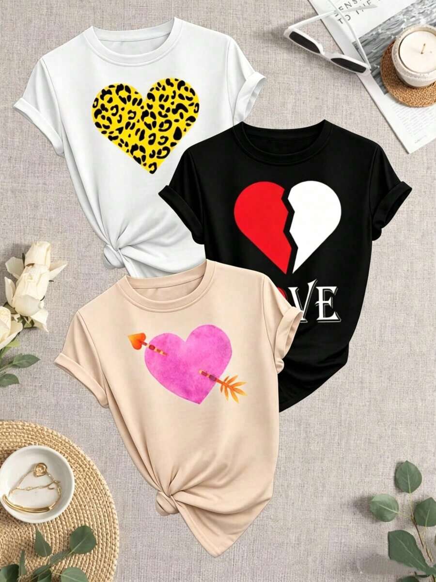 Women's Fashion T-Shirt Set. Single Garment, Not A 3-Piece Set. 1 Piece/Set Of Long-Sleeved T-Shirts Suitable For Streetwear. Oversized Round Neck Top For Daily Outings, Camping, Concerts, Hip-Hop, Rock, And Rap Events. Heart T-Shirt For Valentine's Day For Women. Black And White T-Shirt For Couples. High-Quality Fabric For Summer And Autumn. Casual Style T-Shirt, Everyday Comfort, Y2K Gift, Fashionable Printed Design. - 黑色 - 查看 1