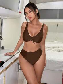 bikini unicolor con nudo delantero - Café integral - Ver 4