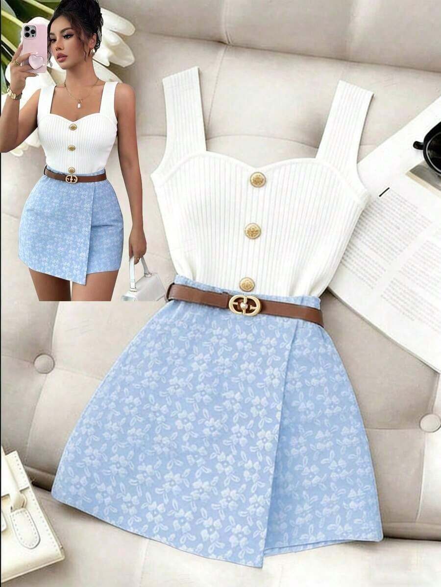 Falda pantalón elegante de unicolor con textura jacquard, para el Día de San Valentín - Azul - Ver 1