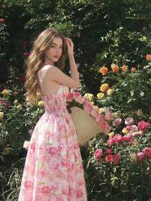 Vestido de mujer de moda con estampado total, cuello halter y lazo en la cintura, de largo medio - Rosa 2 - Ver 1