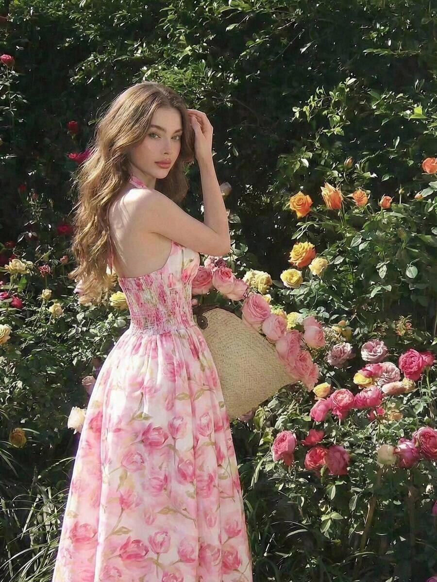 Vestido de mujer de moda con estampado total, cuello halter y lazo en la cintura, de largo medio - Rosa 2 - Ver 1