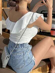 Camiseta de mujer con cuello asimétrico, volantes, calado y bordado, para verano, top corto para mujer de vacaciones - Blanco - Ver 2