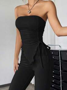 Conjunto de dos piezas con top asimétrico bandeau fruncido de unicolor y pantalones acampanados para mujer - Negro - Ver 2