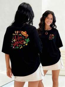 Celebración mexicana con sombrero cactus flores y maracas que transmiten alegría y orgullo nacional en camiseta para mujer 100% algodónSuitable for spring, summer and autumn - Negro - Ver 7