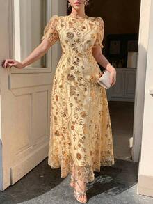 Vestido de mujer con decoración de encaje floral completo para vacaciones, ropa de verano para mujer, vestido de graduación, vestido de invitada de boda para mujer, vestido de cóctel de verano - Dorado - Ver 1