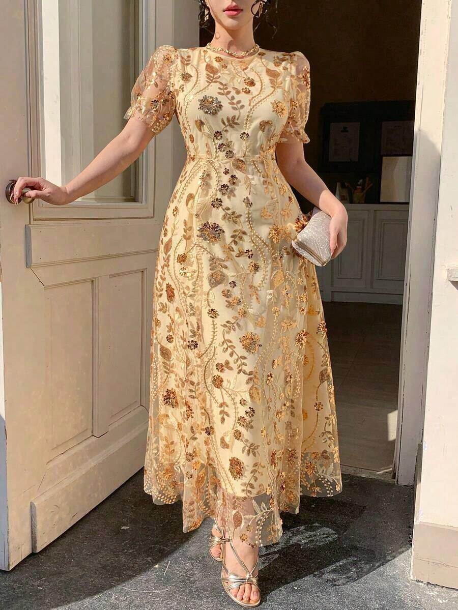 Vestido de mujer con decoración de encaje floral completo para vacaciones, ropa de verano para mujer, vestido de graduación, vestido de invitada de boda para mujer, vestido de cóctel de verano - Dorado - Ver 1