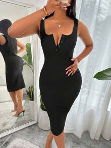Vestido largo de punto ajustado con medio botón y acanalado, color burdeos, atuendo de mujer - Negro - Ver 7