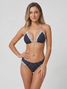 Women 2-Piece Bikini Dot Print Backless Halter Neck Bra And Ruffles Panties Sets For Summer Bathing Suit - Black - View 9