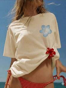 Women's Oversized Short Sleeve T-Shirt With Blue Floral Print, French Retro Style, Floral Theme, Casual, Loose Fit, Slimming, Comfortable, Breathable, Relaxed Style For Beach Vacation, Women's T-Shirt, Perfect For Beach Holidays/Summer Outings/Beach Look/Girls' Night Out/Daily Commuting/Music Festivals/Summer Wear, Women's Oversized Graphic T-Shirt Summer Casual - 杏 - 查看 7