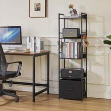 Aibiju Industrielles Bücherregal mit 4 Ebenen und Stoffschubladen, freistehendes für Wohnzimmer, Schlafzimmer, Küche, Büro, Stahlkonstruktion, Rustikales YD-BC001H ARFO - Schwarz - Übersicht 2