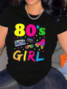 1 pcsCamiseta gráfica de chica de los 80, manga corta con cuello de tripulación, tejido de Algodón, estiramiento medio, ajuste regular, parte superior casual de primavera/verano180g 100% Cotton - Negro - Ver 8