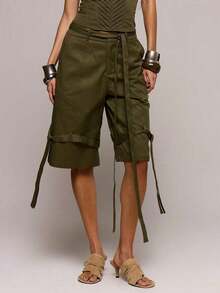 Pantalones cortos de carga con detalles de puntada y pierna ancha, perfectos para primavera y verano, para citas, salidas nocturnas, festivales, vacaciones y talla grande - Verde militar - Ver 2