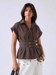 Cinturón delgado de mujer de color marrón café con decoración metálica, versátil para usar en verano y para ir al trabajo - Café integral - Ver 5
