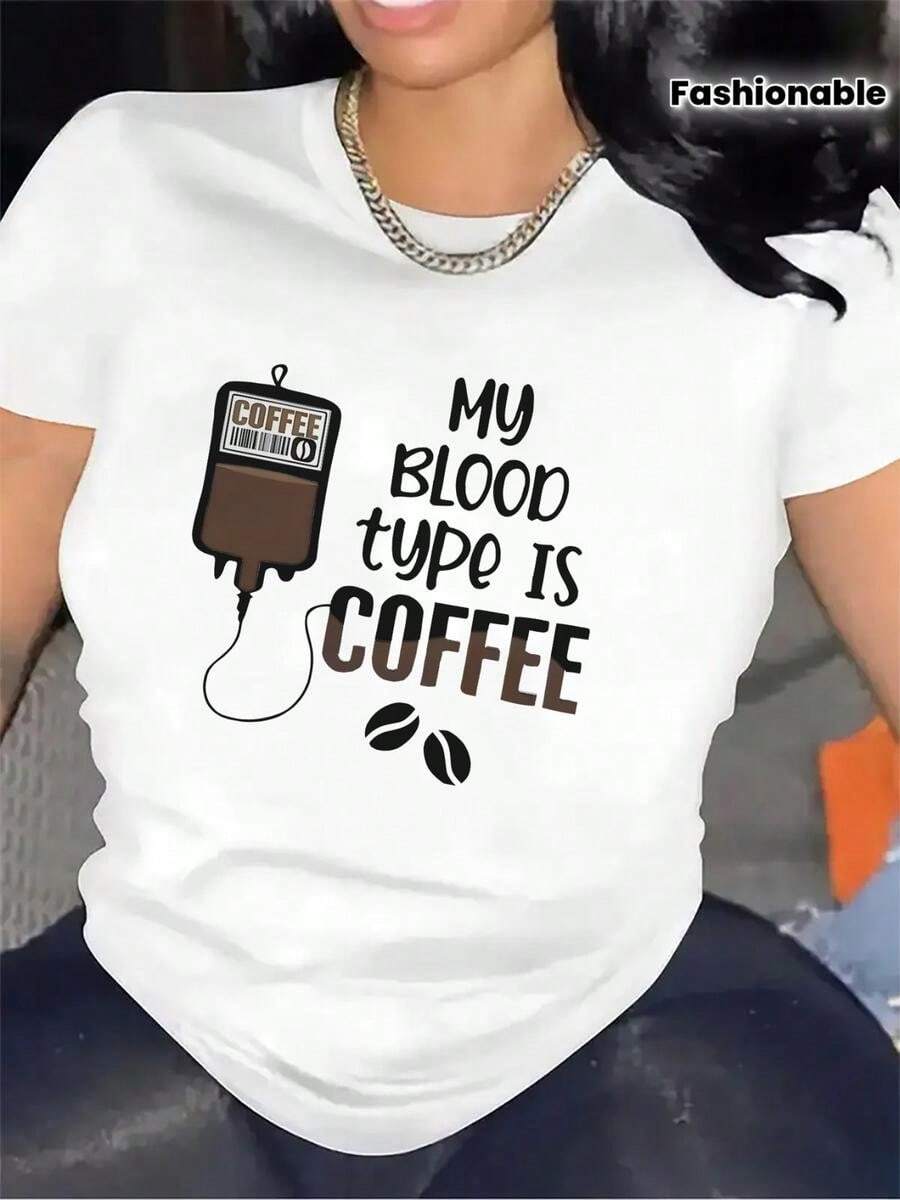 1 pieza, clásica y versátil, camiseta de manga corta de algodón puro, adecuada para usar en cualquier estación. El dise?o de mi tipo sanguíneo es café, estilo moderno - Blanco - Ver 1