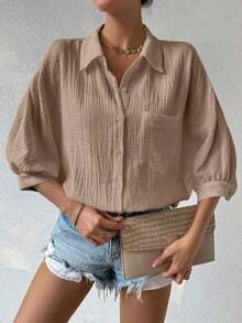 Camisa de mujer minimalista y casual de unicolor con botones delanteros, textura y hombros caídos - Blanco - Ver 11