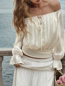 Lucivie Blusa blanca elegante y casual de hombros descubiertos para el verano - Blusa de manga larga con volantes y puños a rayas transparentes con lazo delantero, perfecta para vacaciones en la playa, fiestas y uso diario casual, conjunto elegante casual para vacaciones en la playa y eventos de noche, versátil para vacaciones de verano, fiestas y ropa de estar en casa - Albaricoque - Ver 6