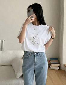 Women's Casual Loose Fit Graphic T-Shirt With Plant Print, New For Spring - Vintage Street Style Unisex Cotton Short Sleeve Crew Neck T-Shirt - 白色的 - 查看 3