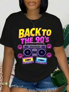 ropa de mujer Camiseta Gráfica Retro de los 90 para Mujer - Top Ligero y Transpirable con Cuello Redondo - Revive la Nostalgia de la Música de los 90 - Lavable a Máquina, Moda de Primavera, Ajuste Cómodo, Camiseta de Manga Corta, Ropa Casual, camisas de mujer - Negro - Ver 1