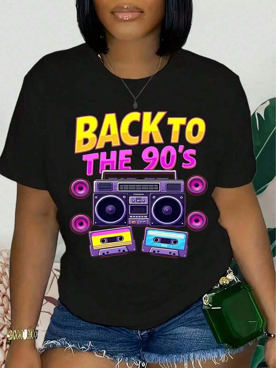 ropa de mujer Camiseta Gráfica Retro de los 90 para Mujer - Top Ligero y Transpirable con Cuello Redondo - Revive la Nostalgia de la Música de los 90 - Lavable a Máquina, Moda de Primavera, Ajuste Cómodo, Camiseta de Manga Corta, Ropa Casual, camisas de mujer - Negro - Ver 1