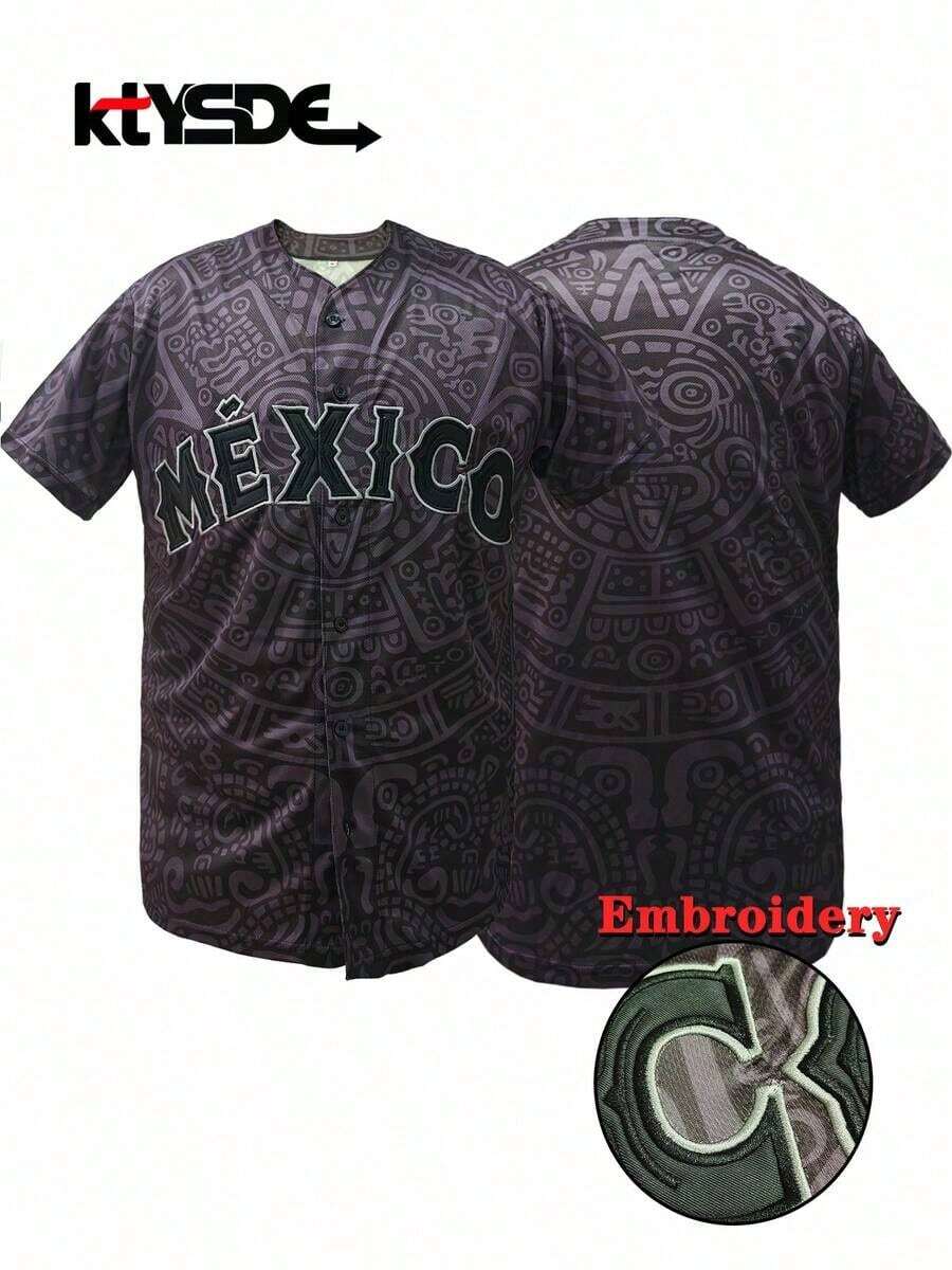 2026 KTYSDE Camiseta de béisbol unisex de México, diseño bordado de letras de México, cardigan holgado de manga corta con cuello en V y botones, adecuado para deportes y estilo casual de calle, fiesta con temática de cultura latina, primavera - Gris - Ver 1