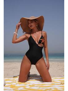 Nuevo Traje de Baño de Una Pieza Sexy y a la Moda para Mujer, Color Sólido con Diseño de Pentagrama, Traje de Baño Más Vendido. - Traje de baño negro 9360 - Ver 8