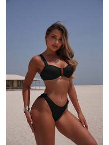 Traje de Baño Bikini de Dos Piezas Sexy y a la Moda para Mujer 2026, Traje de Baño Brillante de Color Sólido - 9351 Bikini negro - Ver 9