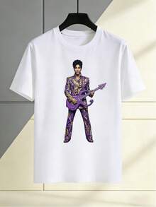 Camiseta unisex con un llamativo diseño de un guitarrista príncipe, adecuada para uso casual en verano, una opción de regalo perfecta. - Blanco - Ver 1