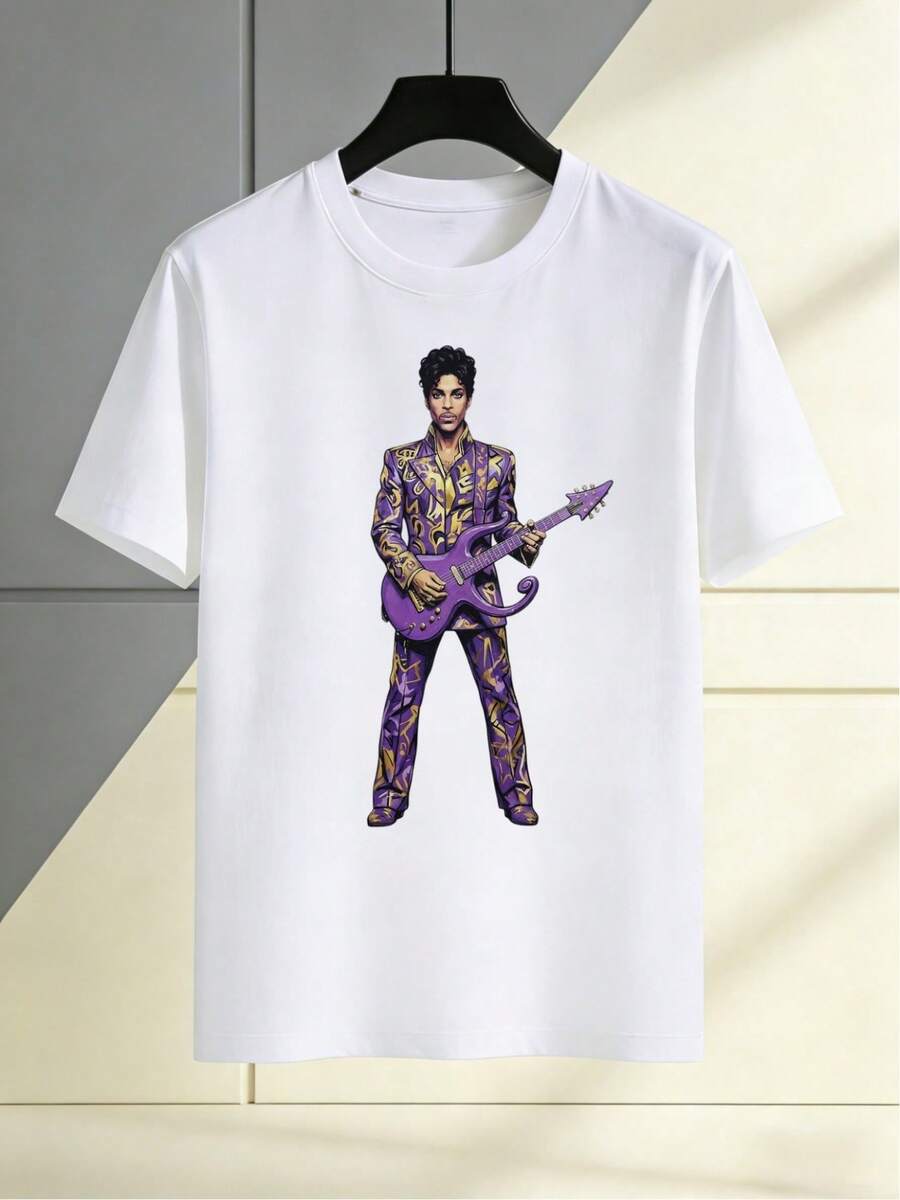 Camiseta unisex con un llamativo diseño de un guitarrista príncipe, adecuada para uso casual en verano, una opción de regalo perfecta. - Blanco - Ver 1
