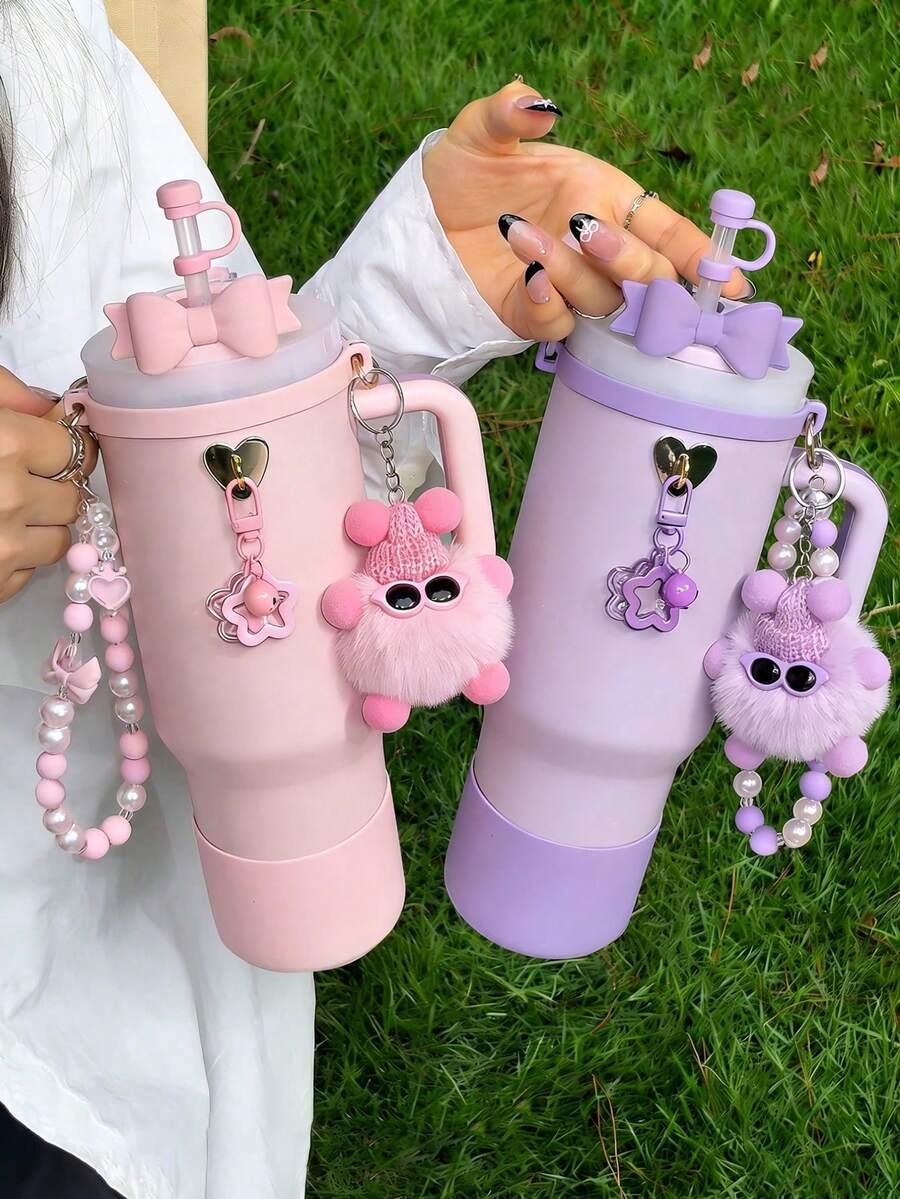 7-Piece Tumbler Accessory Set, Suitable For 30oz/40oz Cups, Includes 10mm Straw Lid, Bow Decor, Pearl Handle Chain, Heart Charm, Plush Ball, Star Pendant, Silicone Sleeve, Cute Student Style Decorations, Suitable For Women, Fashion Accessories, Gifts, Souvenirs, Valentine's Day, Back To School, Graduation, Outdoor Activities Like Camping - Multicolor - View 1
