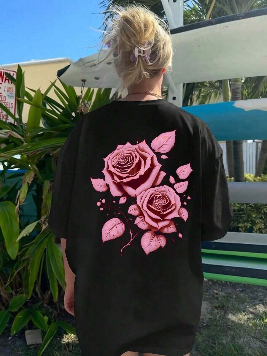 Conjunto de diez piezas de camisetas de primavera-verano para mujer, de talla grande, cuello redondo, hombros caídos, cómodas y holgadas, con estampado de gran tamaño -- Camiseta minimalista de algodón de manga corta para el día a día, transpirable y cómoda. - Negro 2 - Ver 1
