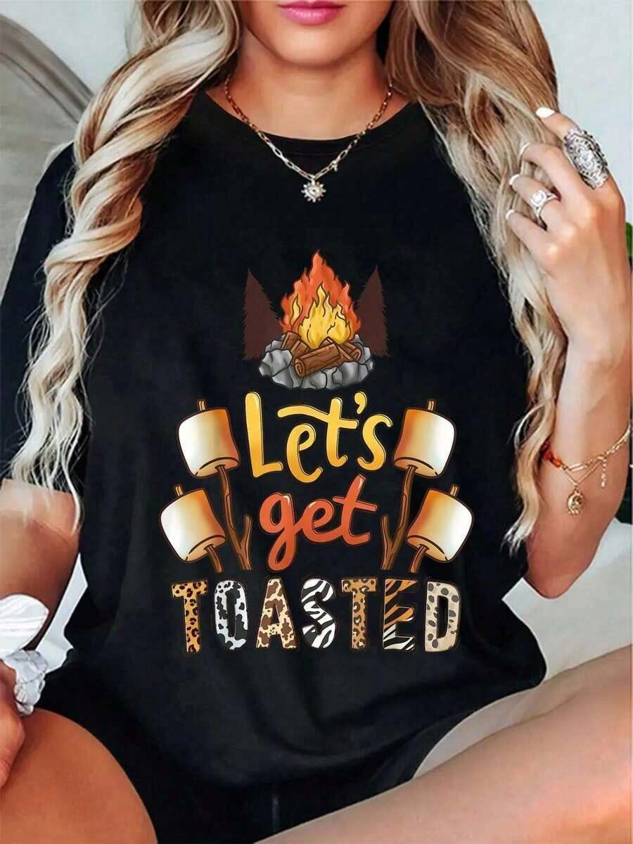 Camiseta Vintage 100% Algodón con Estampado de Campamento y Fogata, Camiseta Gráfica de Moda - Negro - Ver 1