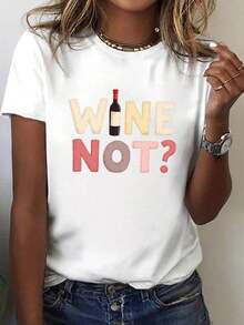 Women's Simple Loose Fit T-Shirt, Modern Style. Casual Short-Sleeved T-Shirt With A Round Neck And Wine Bottle Print, Perfect For Spring And Summer, Designed For Women. Women's Graphic Print T-Shirt Summer 2026 - 白色 - 查看 7