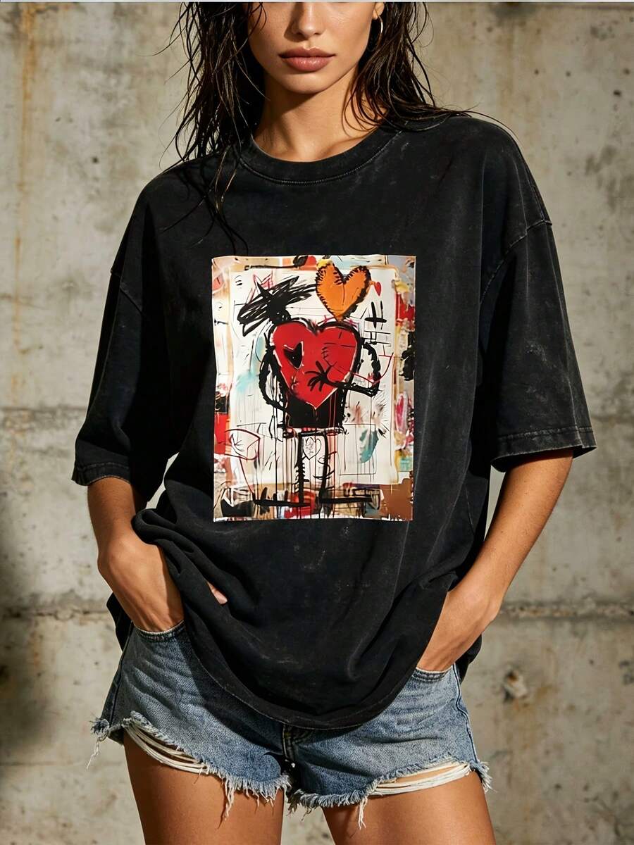 Camiseta de algodón suave de 180 g para mujer, regalo de San Valentín, estilo vintage urbano, unisex, holgada, de manga corta y cuello redondo, para reuniones familiares y actividades de building en la oficina. - Negro - Ver 1